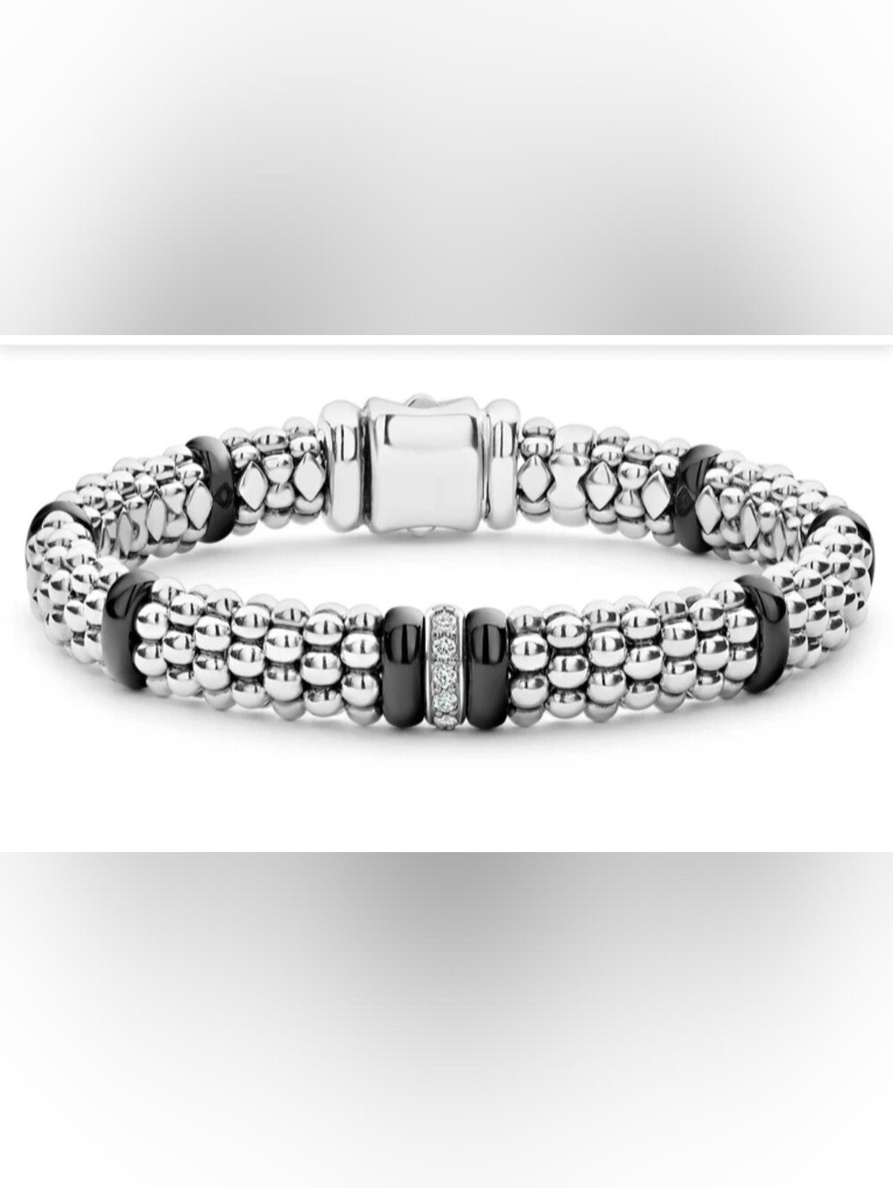 LAGOS Sterling Silver CAVIAR,Blk Ceramic & Diamond Bracelet 9mm